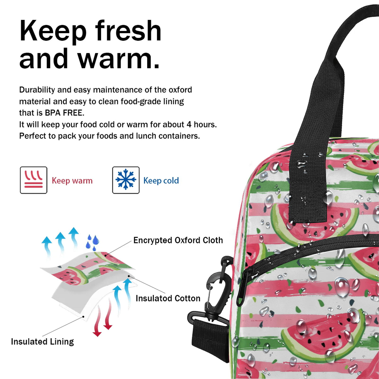 Herdesigns Watermelon Insulated Lunch Bag for Women Men Adult, Reusable Insulated Cooler Lunch Box Lunch Tote Bag for Work Picnic Beach