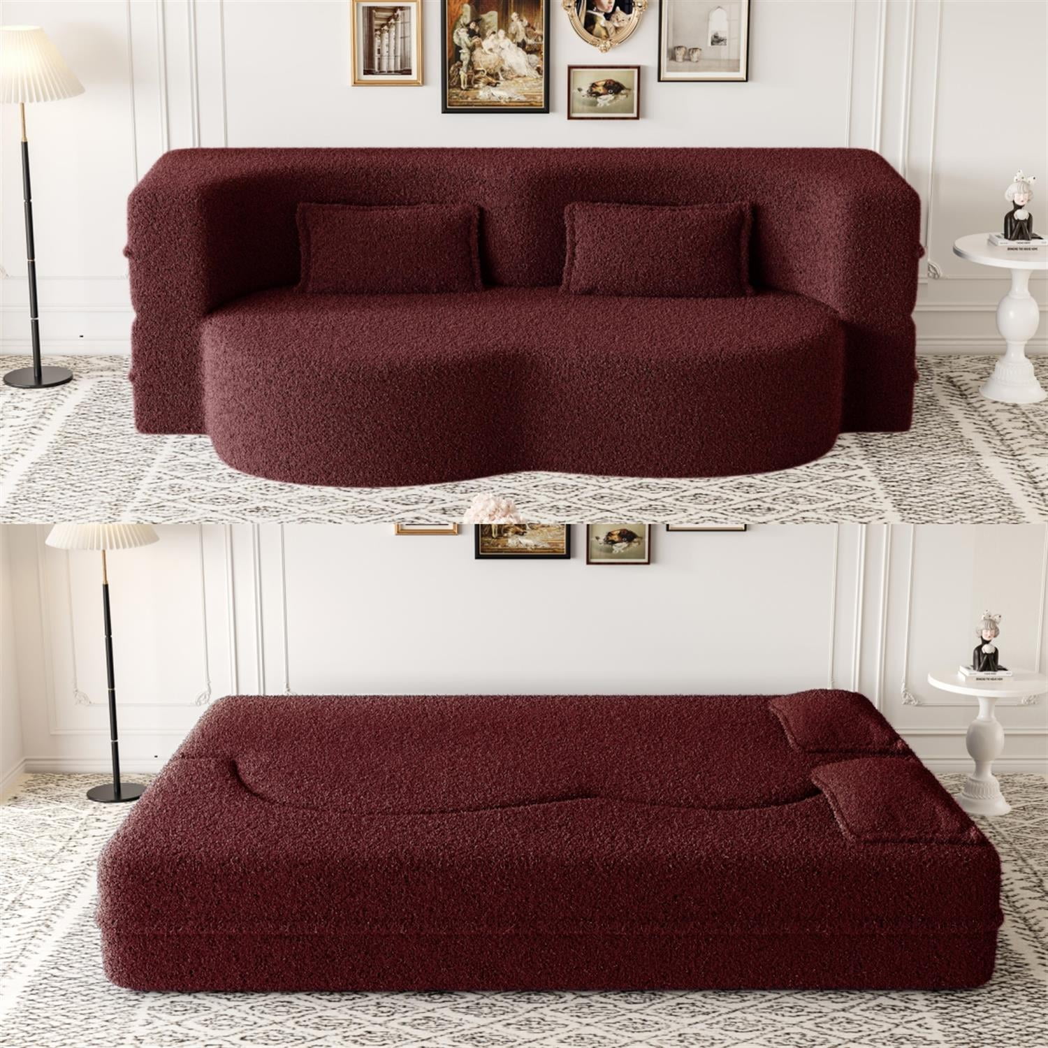 Demi Bonn 78" Modern Floor Sofa Bed with 2 Pillows, Convertible Teddy Fabric Full Size 15" Foam Mattress, No Assembly, Stylish Sleeper Couch for Living Room, Red