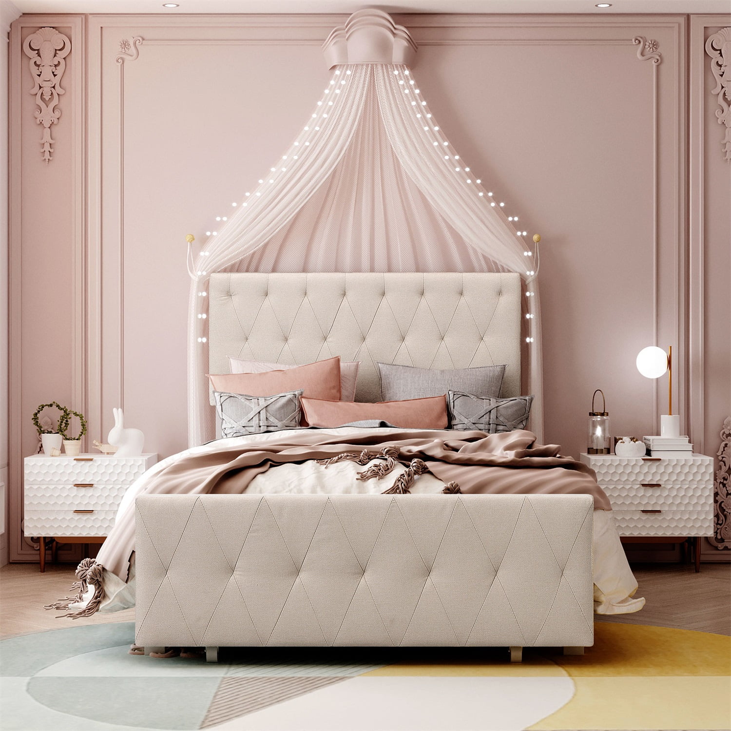 Kadyn Metal Platform Twin Bed Frame with Storage Drawer, Twin Platform Bed Frame with Upholstered Headboard, No Box Spring Needed, Beige&Twin