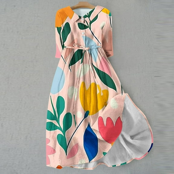 WFJCJPAF 2025 New Product Autumn Dresses for Women under $10 Terry Cloth,Women's Summer Printed Fashion Three-quarter Sleeve Turndown Collar Dress - Pink M