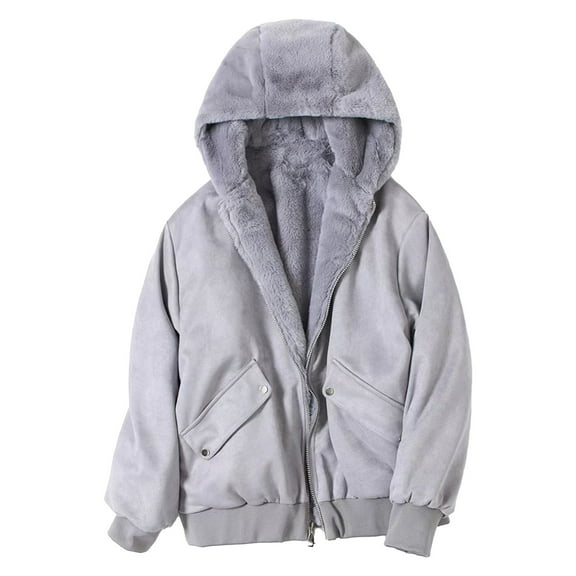 Women's Reversible Hooded Jacket Solid Color Thickened Winter Warm Coat Soft Comfortable Outerwear For Cold Weather