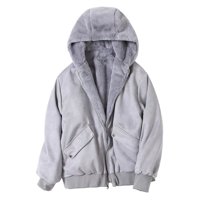 WEIYLL Fall Jackets for Women 2025 Reversible Plush Hooded Solid Color Thickened Warm Grey Fall Coats Size L