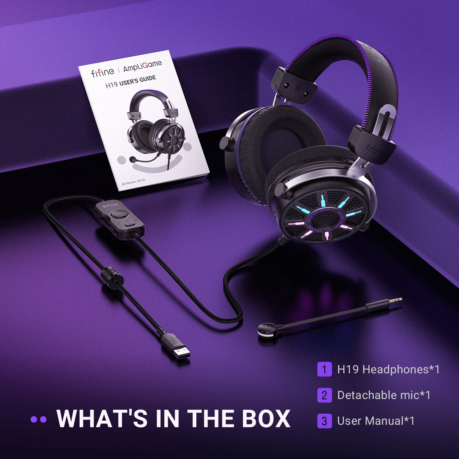 FIFINE Open-Back Gaming Headset for PC Computer, PS5/PS4, Wired Headphones with Noise-Cancelling Microphone, 7.1 Surround Sound, EQ Modes, RGB Lighting