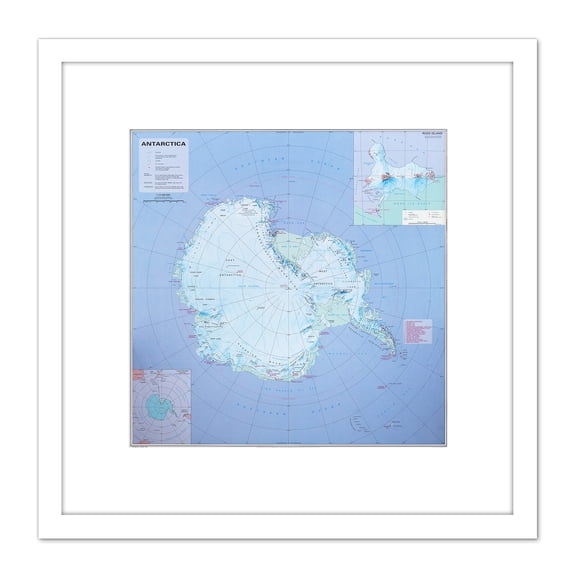Antarctica Map Information 8X8 Inch Square Wooden Framed Wall Art Print Picture with Mount