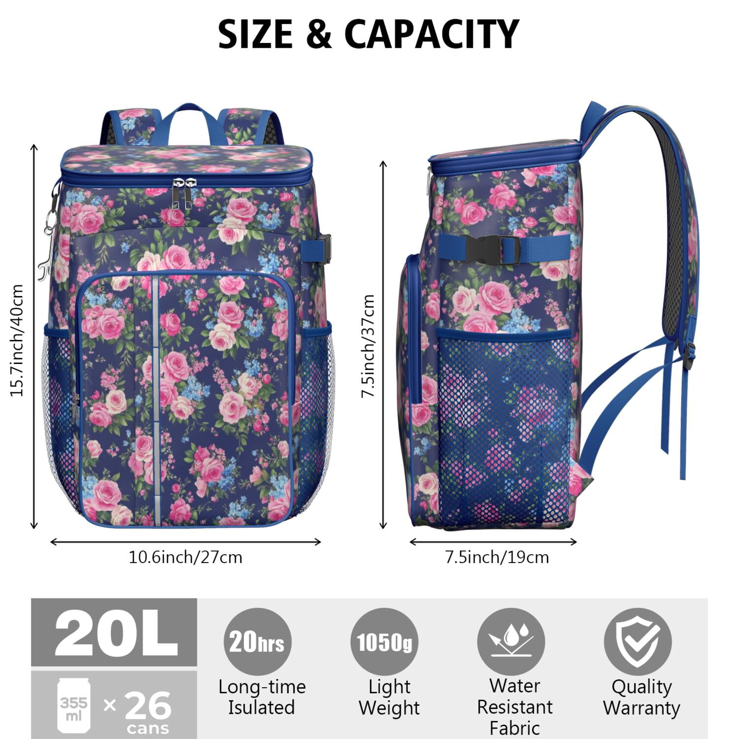 Travel Cooler Bag - Pioneer Flower Camping Beer Cooler Backpack with Bottle Opener- Waterproof Insulated Picnic Backpacks - Cooler Bag for Beach