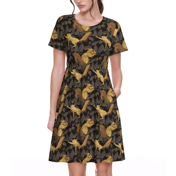 Easygdp Squirrel Gathering Nuts para Vestido Transpirable de Mujer, Vestido Suelto de Manga Corta con Pliegues y Bolsillos para el Verano