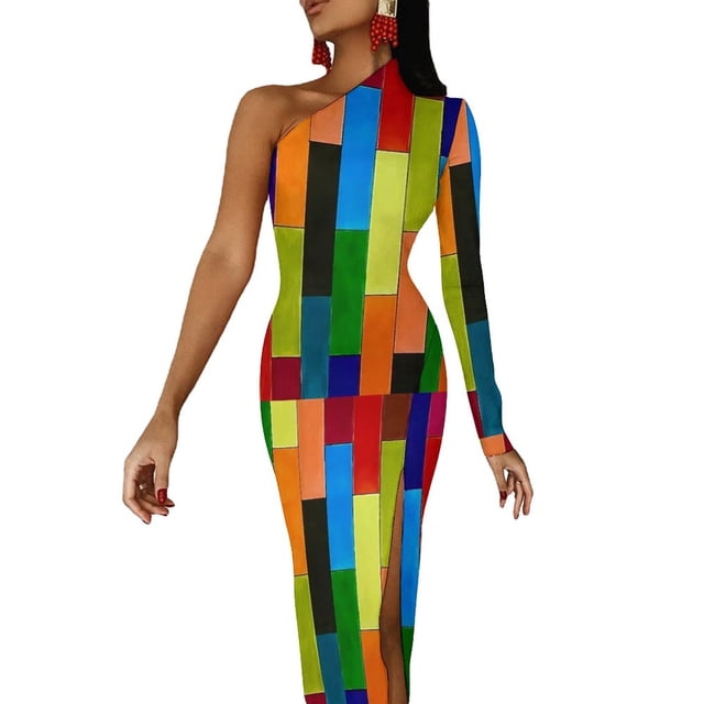 Vibrant Color Block Maxi Dress One Shoulder Abstract Geometric Aesthetic Bodycon Dresses Summer Dress Woman Pattern Vestido