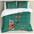thumbnail image 1 of I Love You More Queen Size Duvet Cover Set, Cartoon Singing Cat with Guitar More Than Fish Song Music Notes and Hearts, Decorative 3 Piece Bedding Set with 2 Pillow Shams, Multicolor, by Ambesonne, 1 of 3