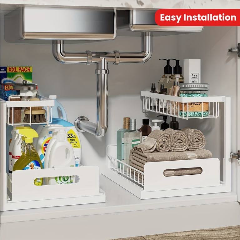 Adoymiro Under Sink Organizer 2-Pack - Adjustable Pull Out Shelves For Kitchen & Bathroom Cabinets