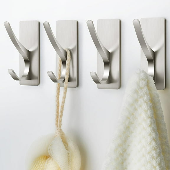 Self Adhesive Towel Hooks: Extra Strong 13LB, Stainless Hook for Hanging Loofah, Towels, Coat, Bath Robe Bathroom Shower-Brushed Nickel4 Pack