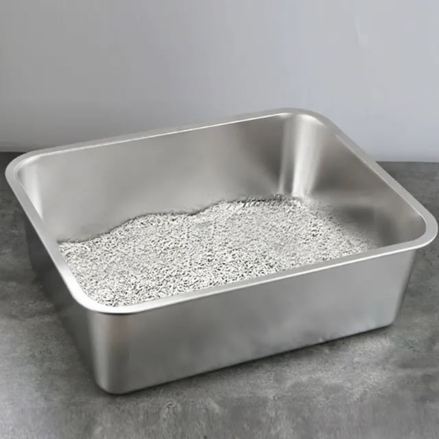 HLONK Bac à Litière pour Chat en Acier Inoxydable, Toilette pour Chat Ouverte Intégrée, Résistante aux Chutes, Rehaussée et Étanche