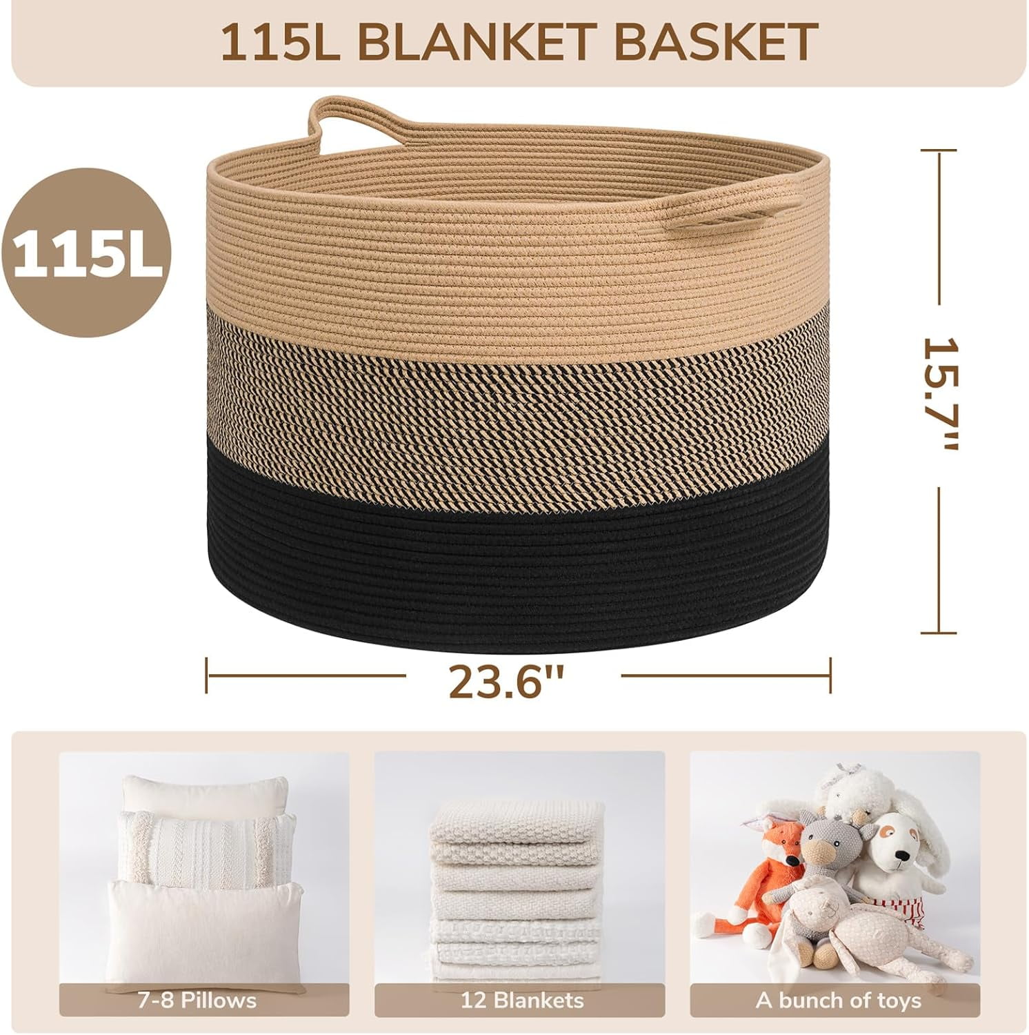 UniMall 115L Extra Large Blanket Basket for Apartment Décor, Woven Baby Laundry Hamper Shoe Basekts for Entryway, Wicker Storage Basket for Organizing, Camel Mix & Black