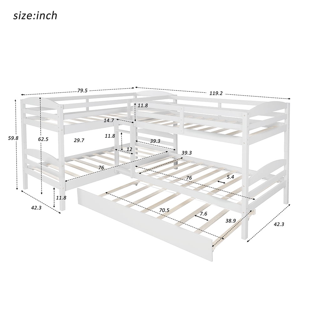 Private Jungle Twin Bunk Beds with Trundle, Solid Wood L-Shaped Loft Bed with Guard for Teens Bedroom, White