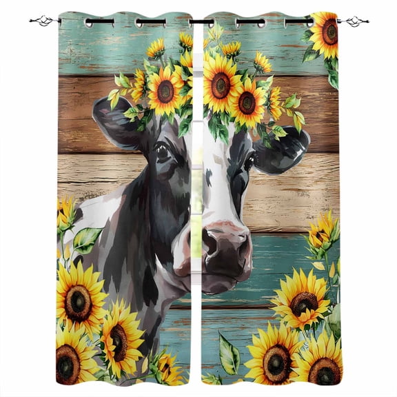 Fsddascl Sunflower Cow Blackout Curtains for Bedroom/Living Room, Thermal Insulated Kitchen Curtains, Rustic Teal Brown Farmhouse Wood Grain Grommet Darkening Window Treatment Drapes 42"x84"x2