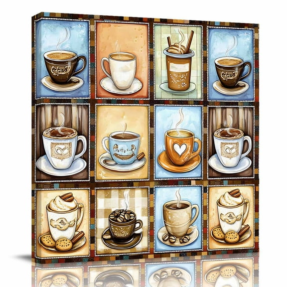 Canvas Print Wall Art Oil Paintings Watercolor Retro Coffee Theme Picture Prints Artwork for Living Room Kitchen Bathroom Bedroom,Stretched and Framed Ready to Hang,Aromatic Hot Drinks Plaid