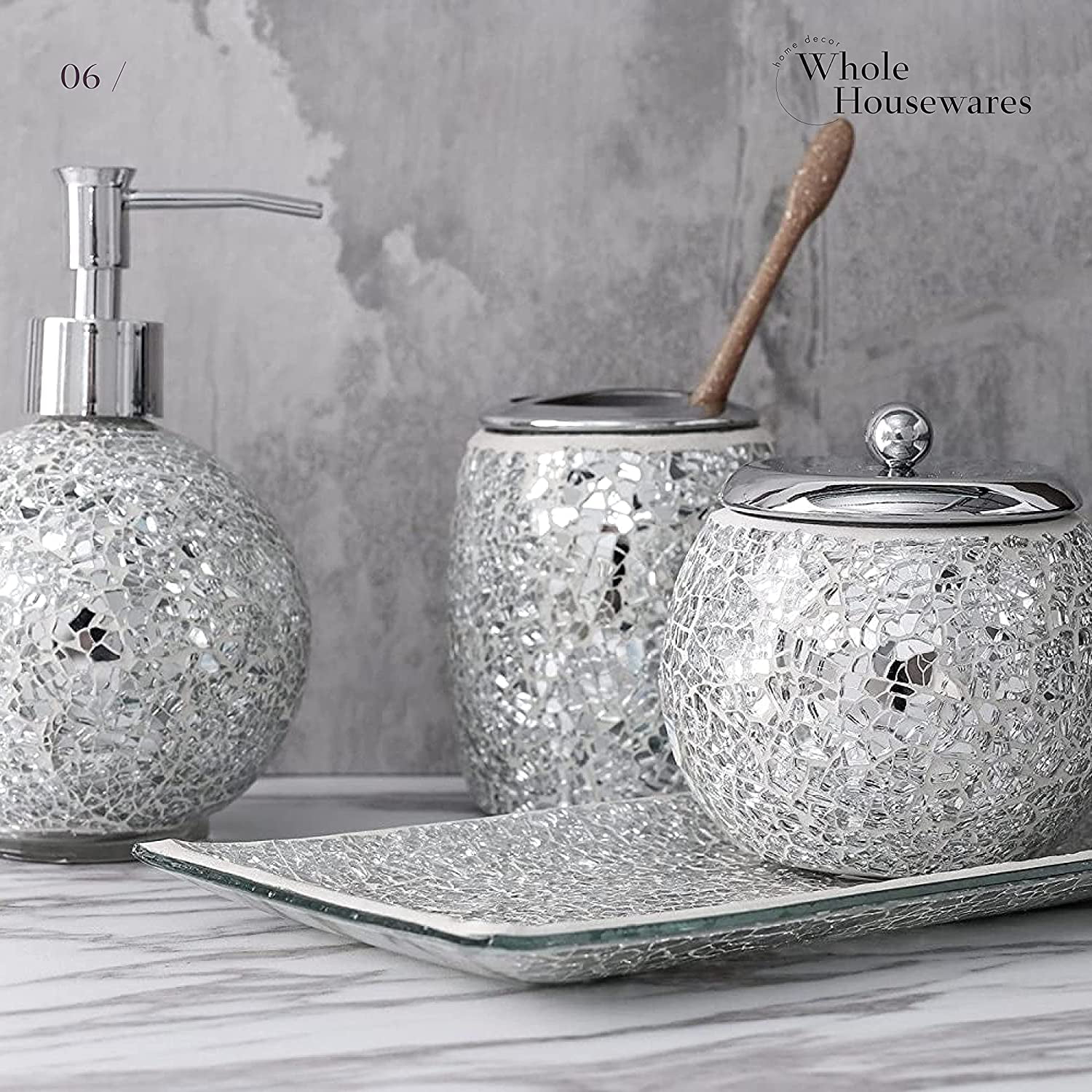 Deluxe 4 Piece silver & rice glaze Ceramic Bathroom Set w/Soap Dispenser,... 