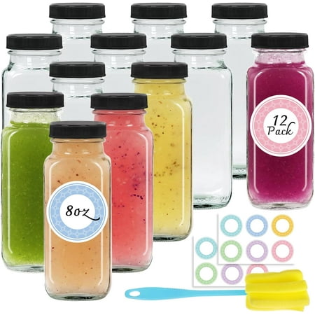 12 pack 8 oz glass juice bottles with lids, reusable glass water bottles, 250 ml juice containers drinking jars with brush, drink jars for milk, juicing, kombucha, ginger