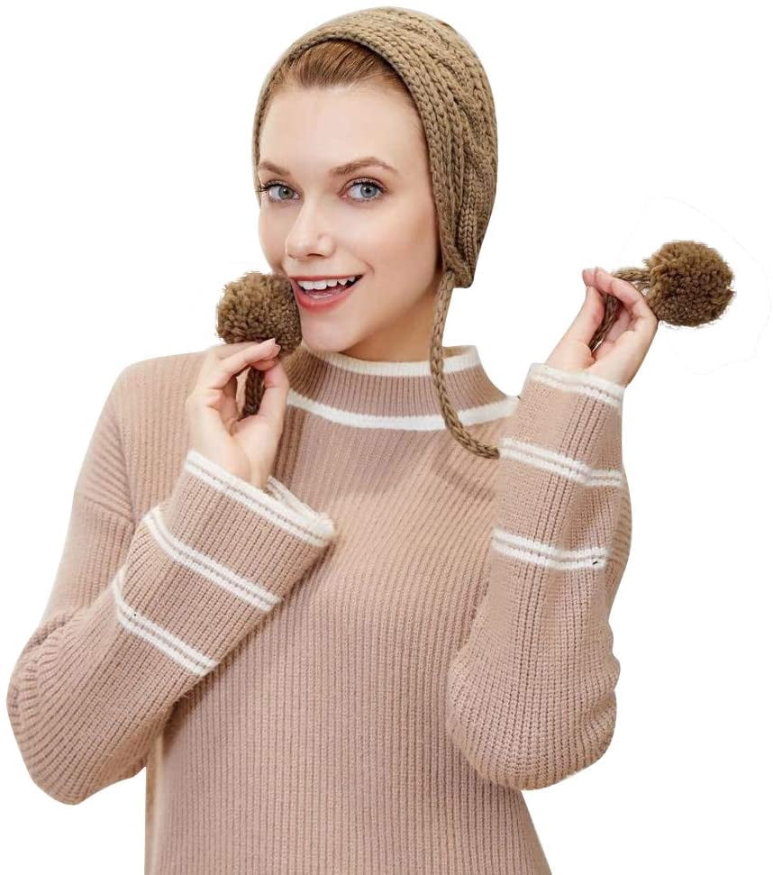 Winter Tie Knitting Warm Ear Protector Plush Hair Ball - Khaki