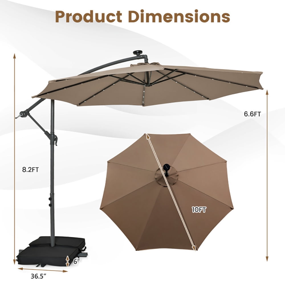 Aimee Lii 10 Feet Cantilever Umbrella with 32 LED Lights and Solar Panel Batteries, Table Umbrella Outdoor for Patio, Pool, Beach, Tan