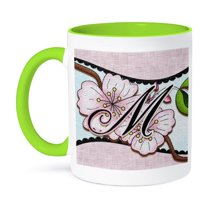 Cherry Blossom Flower Monogram Initial M, 11oz Two-Tone Green Mug