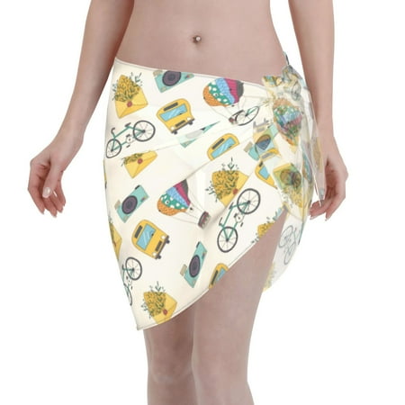 Qekee Travel Elements Women s Short Sarongs Cover Ups Sheer Bikini Wraps for Swimwear