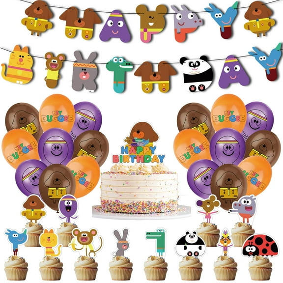 32 PCS For Hey Duggee Birthday Party Decorations, With 1 Happy Birthday Banner Garland,18 Balloons,13 Cupcake Toppers for decorative supplies set
