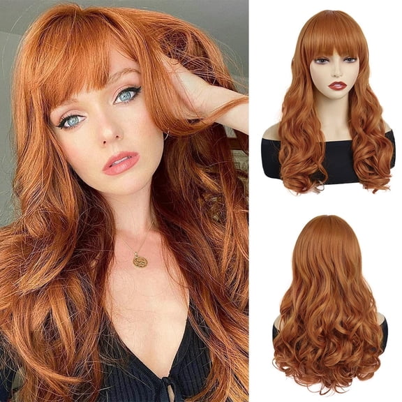 18 inch Long Curly Auburn Wig with Bangs for Women in Synthetic Fiber Hair