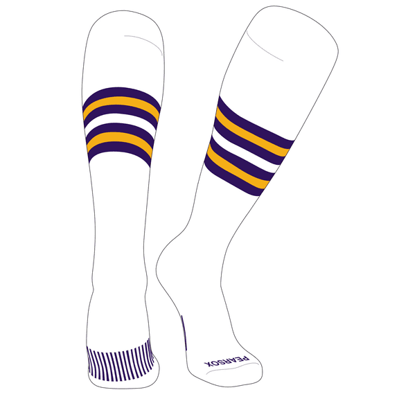 PEAR SOX Striped OTC Baseball, Softball, Football Socks (F) White, Purple, Gold (XS)