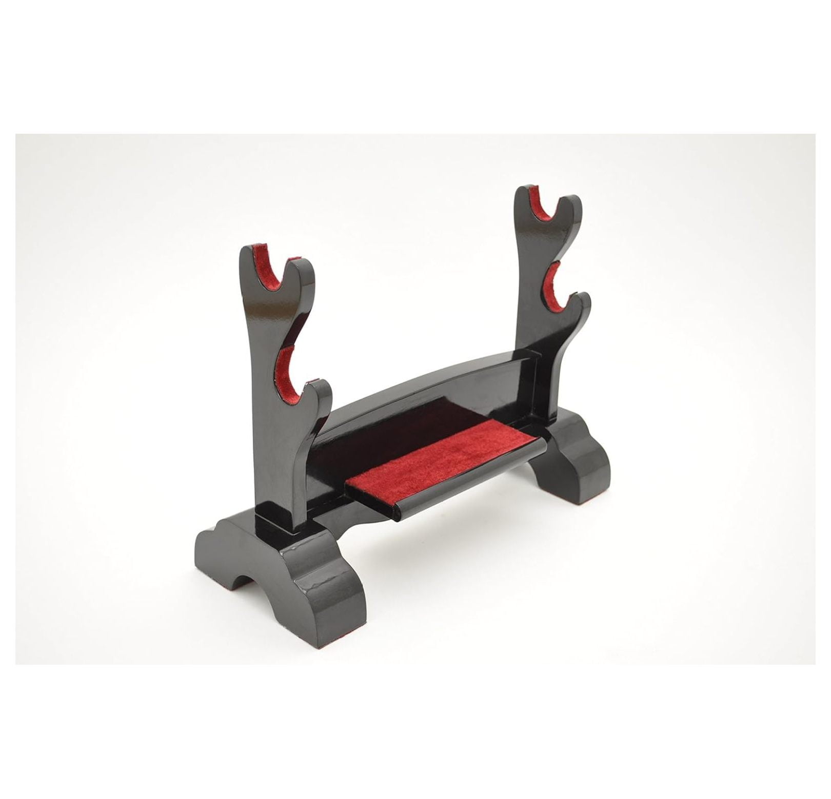 Handmade Sword - Black Piano Lacquered Wood, 2 Tier Deluxe Table Stand for Katana and Wakizashi Sword, Red Felt on The Arch and Front, Sword Table Display Holder