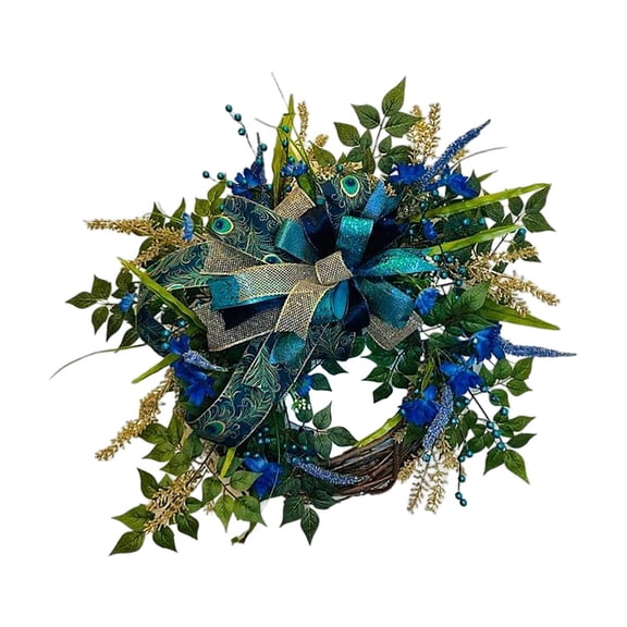 Blue Artificial Flower Wreath with Ribbon Bowknot with Green Leaves 18 inch Spring/ Wreath for Wall Indoor Window Farmhouse Decoration