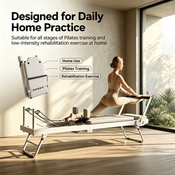 Fold able Pilates Reformer Home Pilates Training Bed & Fitness Equipment for Full Body Stretch Exercise, Gray
