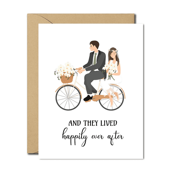 Wedding Bicycle Card  "And They Lived Happily Ever After"  Perfect for Newlyweds, Anniversary, Engagement  Includes Envelope  Elegant Floral Design