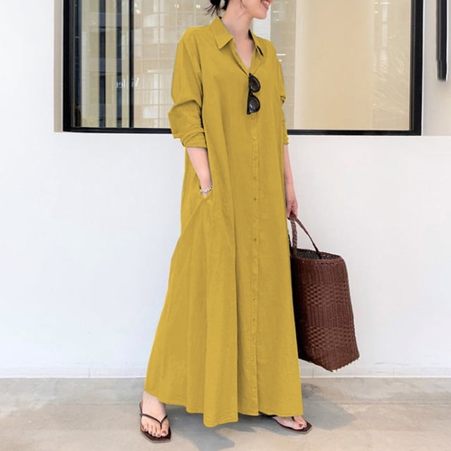 IDALL Robes Maxi, Robes Décontractées pour Femmes Robe Chemise Longue en Coton et Lin avec Poches Robe à Manches Longues, Robes Longues, Robes pour Femmes Robe Jaune G