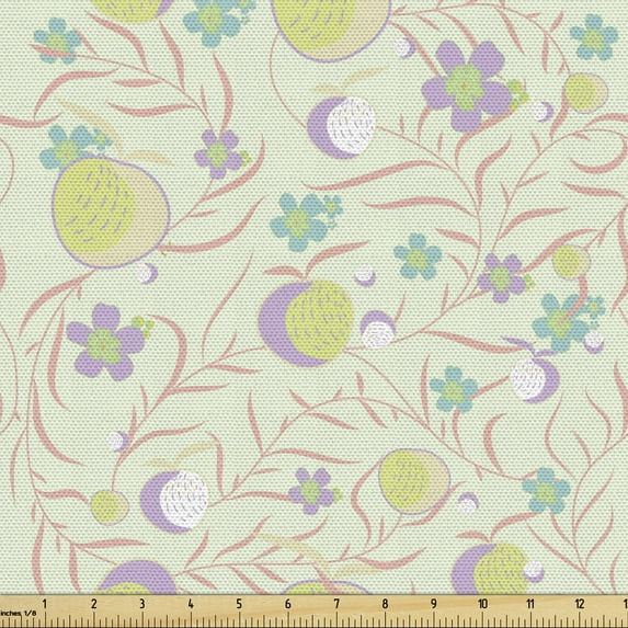 Floral Fabric by the Yard, Flowers from Summer and Apples Colored in Pastel Purple Pale Green, Upholstery Fabric for Dining Chairs Home Decor Accents, Multicolor by Ambesonne