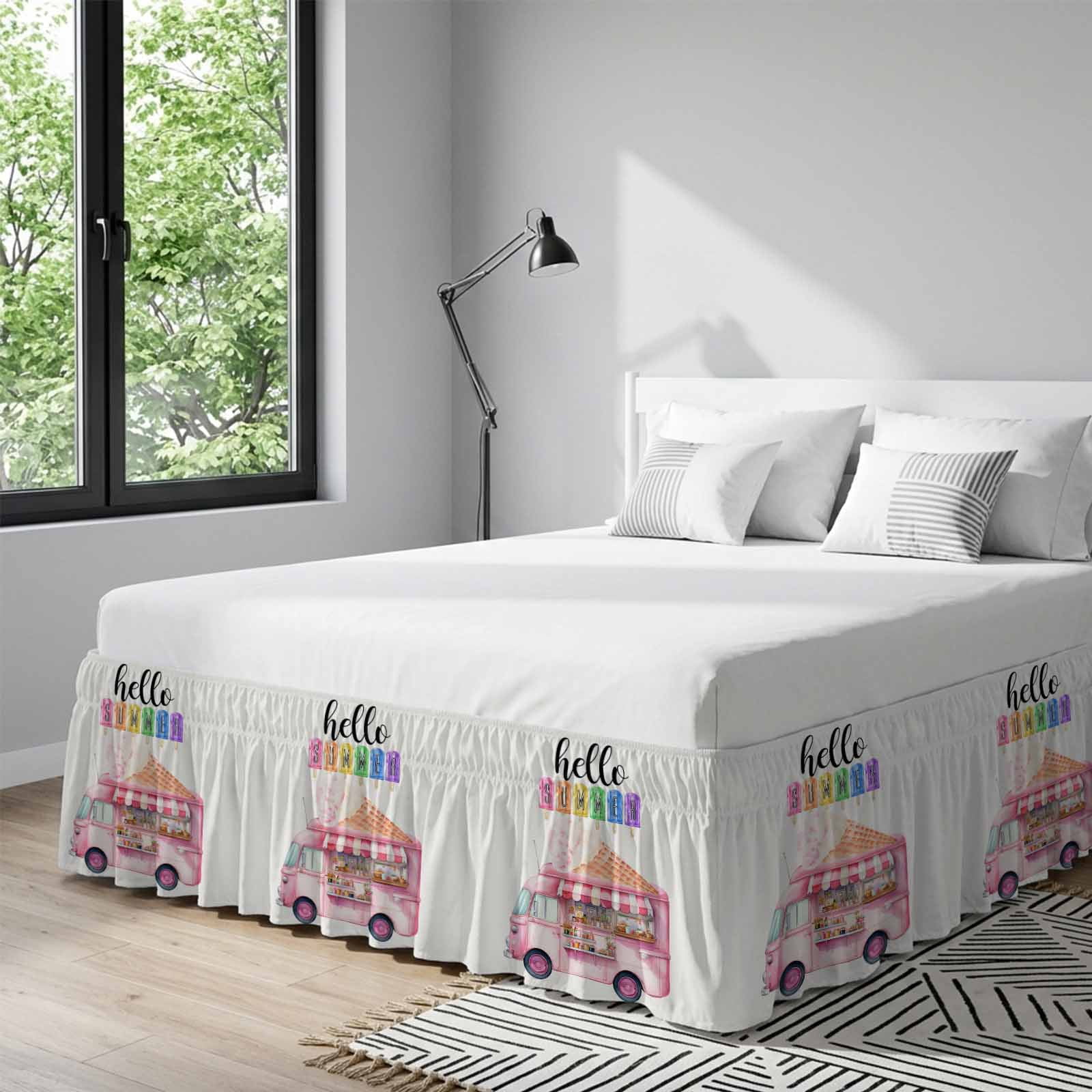 Hello Summer Bed Skirt Queen Size, Pink Ice Cream Truck Watercolor Wrap Around Bed Skirting with Adjustable Elastic Strap, Dust Ruffle Pleated Bedskirts 16 Inch Drop for Bedroom Queen Beds