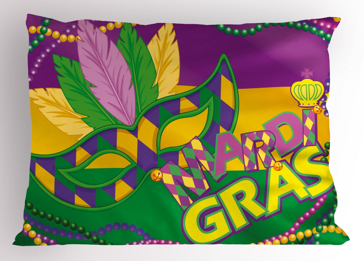 Mardi Gras Pillow Sham Colorful Bands with Vivid Beads Feathers Mask