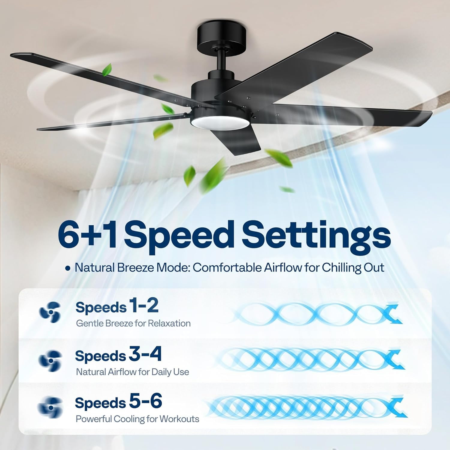 SPECSTAR Ceiling Fans with Lights, 52 inch Low Profile Ceiling Fan with Light and Remote, Flush Mount Black Ceiling Fan for Bedroom, 6+1 Speeds, 3CCT, Dimmable, Timer, Quiet Reversible DC Motor