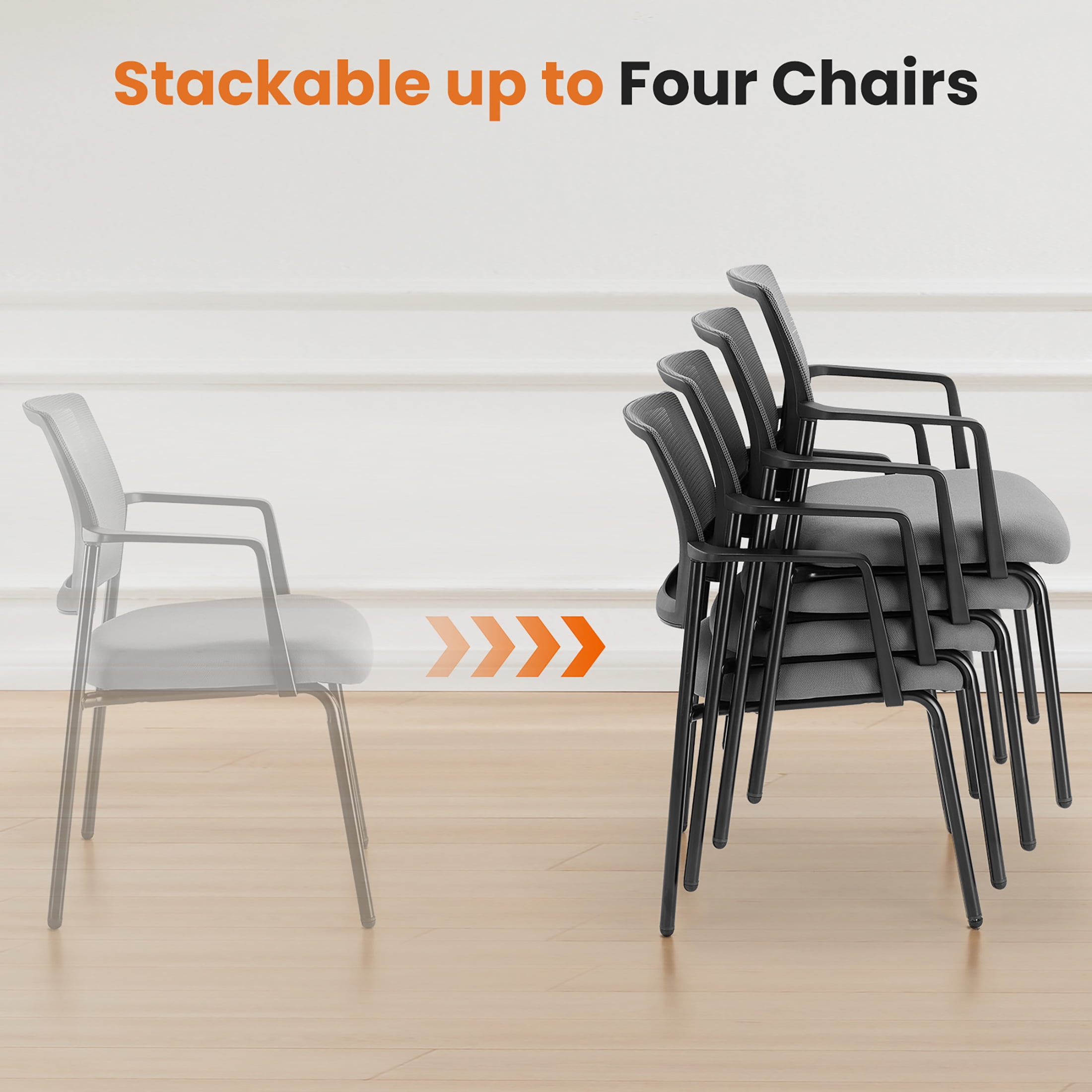 GIANNA Mesh Back Stacking Arm Chairs, Upholstered Fabric Stacking Chairs, Sturdy Metal Stacking Chairs, Grey