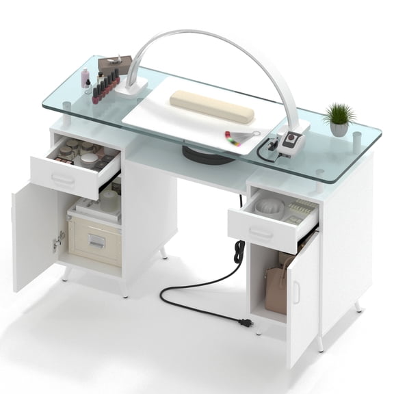 NAIYUFA Manicure Table with Power Outlet,White Nail Desk for Nail Tech, Glass Top Salon Station with 2 Drawers and Cabinets