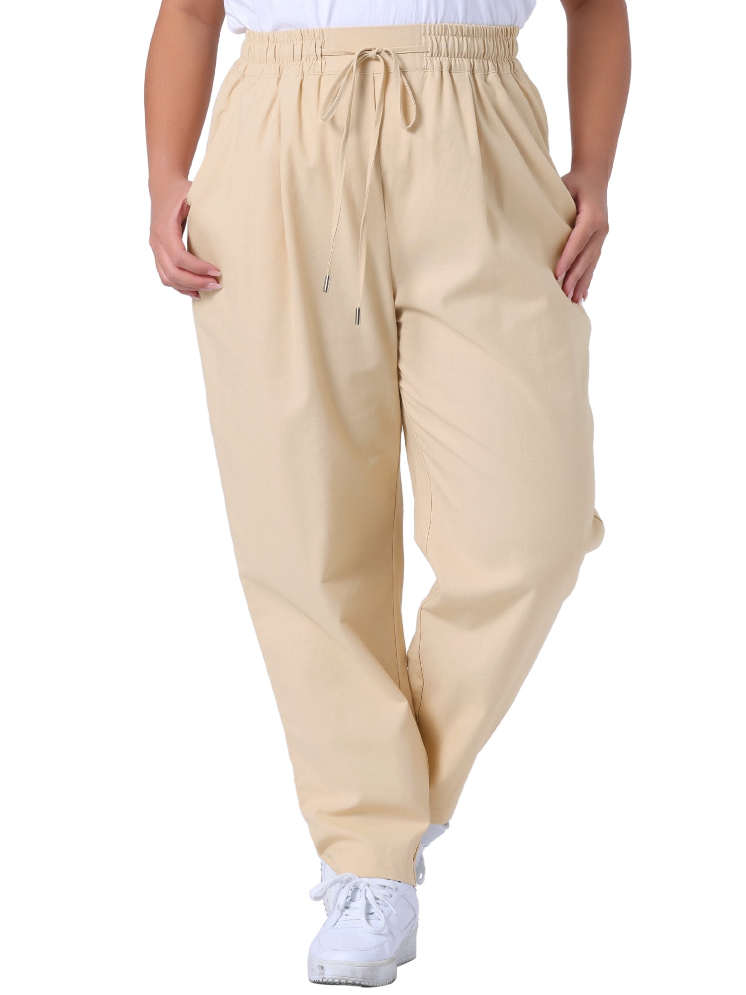 DARING DIVA Women's Plus Straight Leg Elastic Loose Pockets Trousers Light Khaki 4X