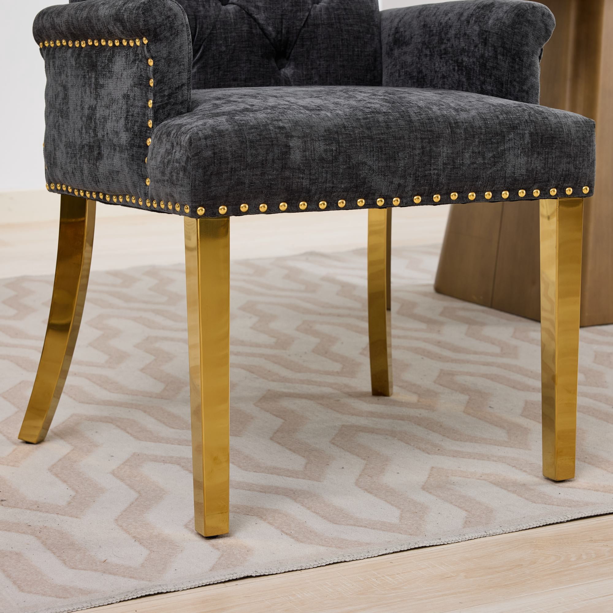 GARITIN Upholstered Dining Chair with Arms, Tufted Button High Back Accent Chair with Nailhead Trim and Stainless Steel Legs, Black & Gold