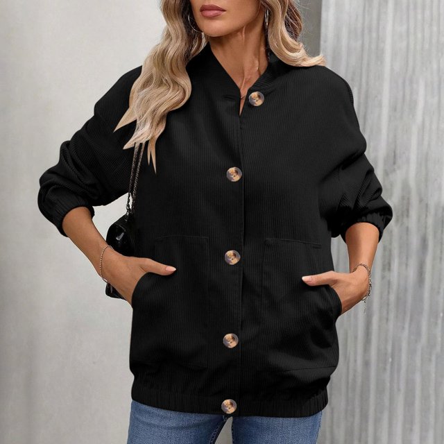 Tranfacy Winter Jackets for Women,Long Sleeve Jackets,Women's Solid Color Button Front Corduroy Jacket with Pockets Long Sleeve Casual Coat for Fall Winter Style