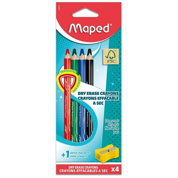 Maped - Crayons effacables a sec x4 - avec aiguisoir Crayons effacables a sec 4 couleurs + Aiguisoir