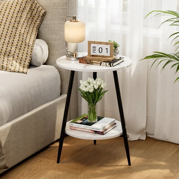 PinkSheep Round End Table, 2 Tier Small Side Table Accent Table Tray Table with Storage for Living Room Bedroom Small Spaces, White