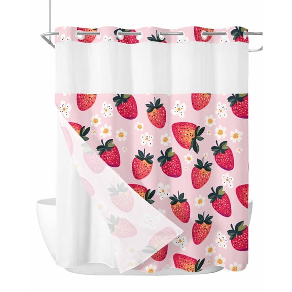 No Hook Cloth Fabric Shower Curtain with Snap in Liner, Strawberry Waterproof Shower Curtains Set with See Through Top Window, Pink Spring Summer Rustic Floral Fruit Bath Curtains Shower 72"x78"