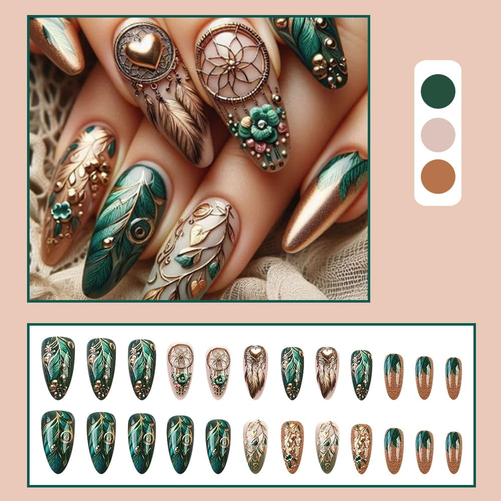 3D Press on Nails, Fake Nails with Peacock Feather Design, 24 Pcs Press on Nails Almond,Press On Nails Medium Reusable 12 Sizes - 24 Nail Kit with Glue