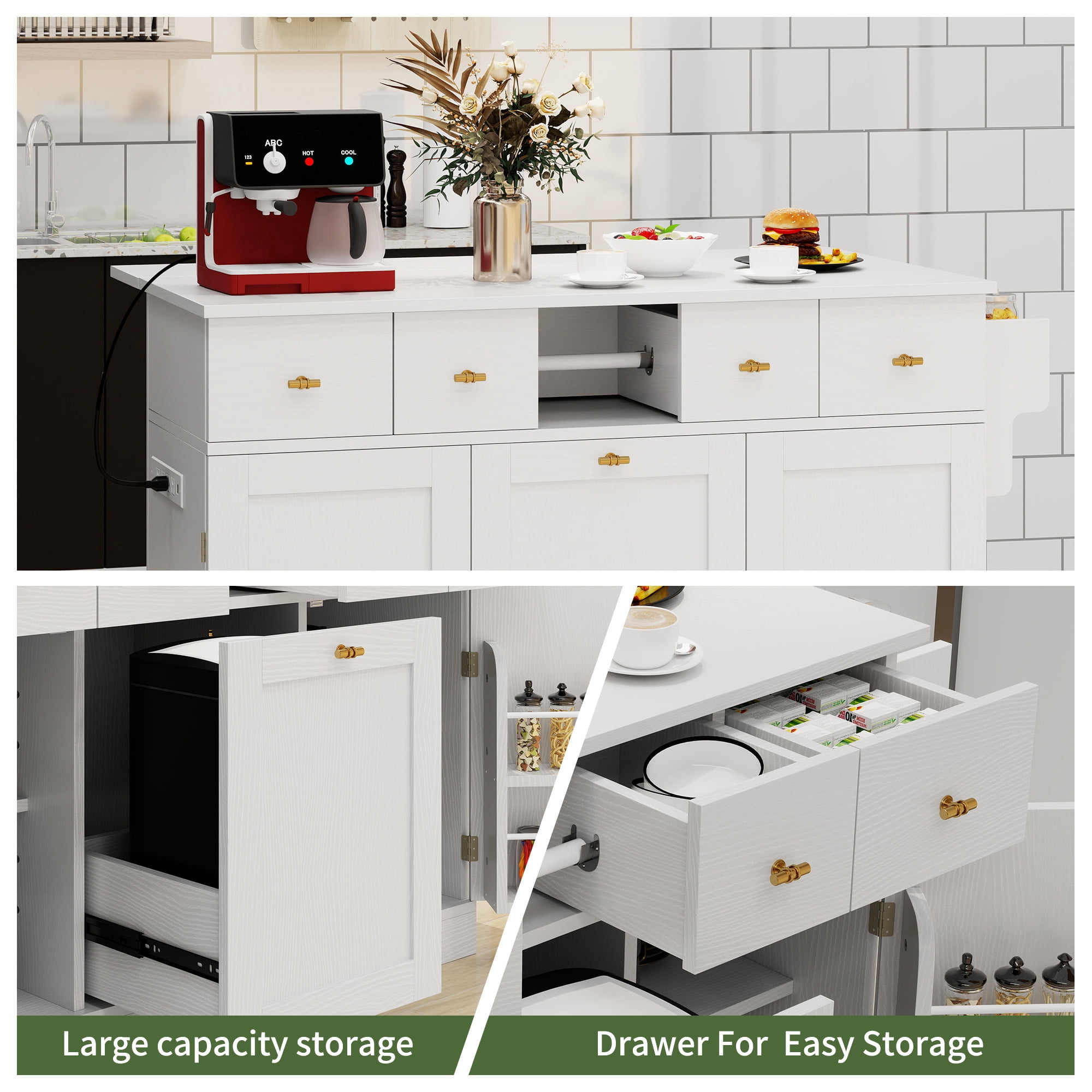 Uforic Kitchen Island with Power Outlets & Drop Leaf, Kitchen Cart with Trash Storage, White