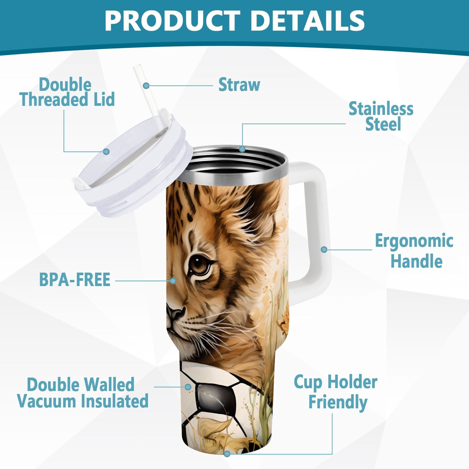 JSTEL Cute Lion Baby 30 oz Tumbler Stainless Steel Water Bottle Vacuum Insulated Cup with Straw Lid & Handle For Travel Car Cup Holder