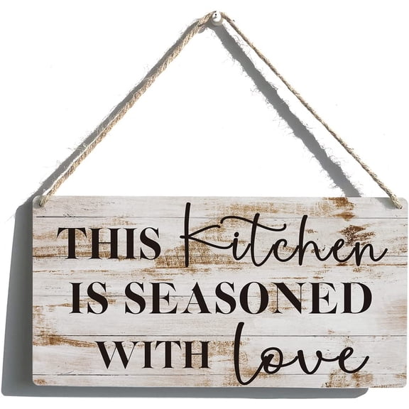 Funny Kitchen Signs Gift Farmhouse This Kitchen is Seasoned with Love Wooden Hanging Sign Rustic Wall Art Home Kitchen Decoration 10x5 Inch