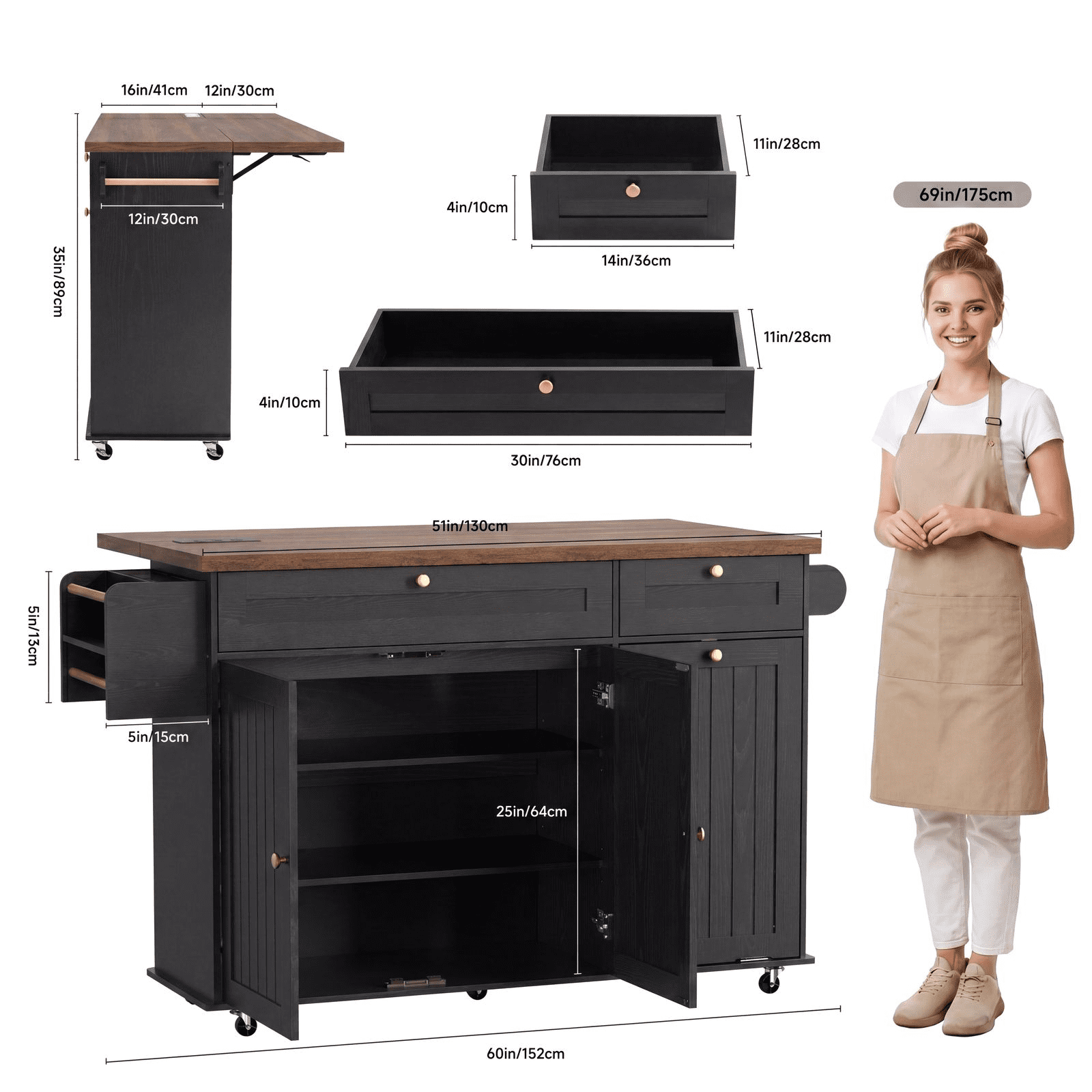 ROGALIS Kitchen Island w/Outlet&Towel Rack, 60" Kitchen Storage Cart w/Foldable Countertop, Black